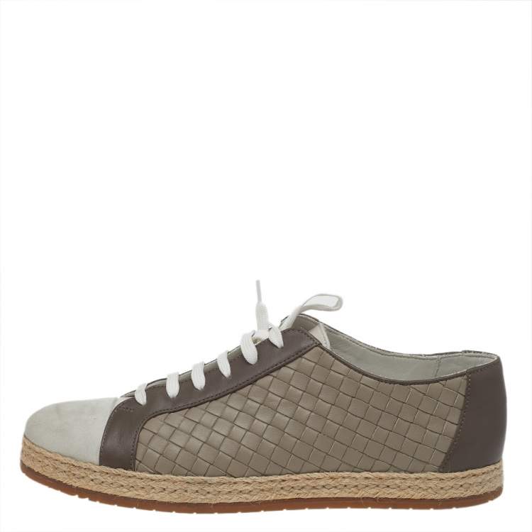 Pre Owned Bottega Veneta Brown/Grey Intrecciato Leather And Suede Cap Toe Espadrille Low Top Sneakers Size 41