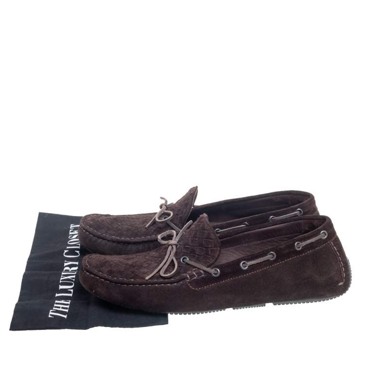 Pre Owned Bottega Veneta Dark Brown Intrecciato Leather Bow Slip On Loafers Size 43