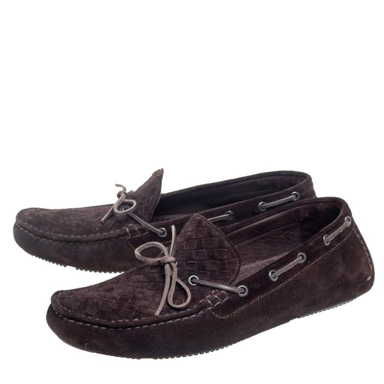Pre Owned Bottega Veneta Dark Brown Intrecciato Leather Bow Slip On Loafers Size 43