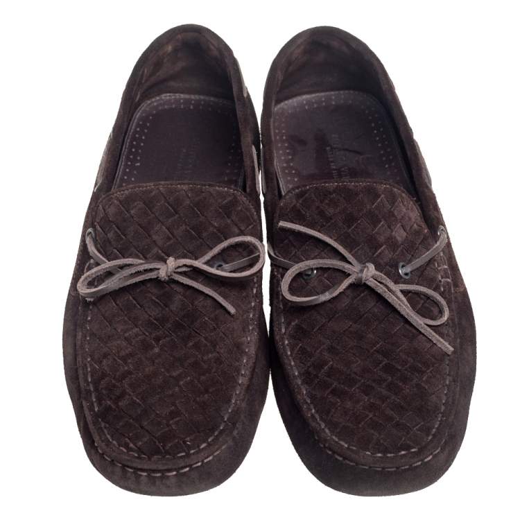 Pre Owned Bottega Veneta Dark Brown Intrecciato Leather Bow Slip On Loafers Size 43