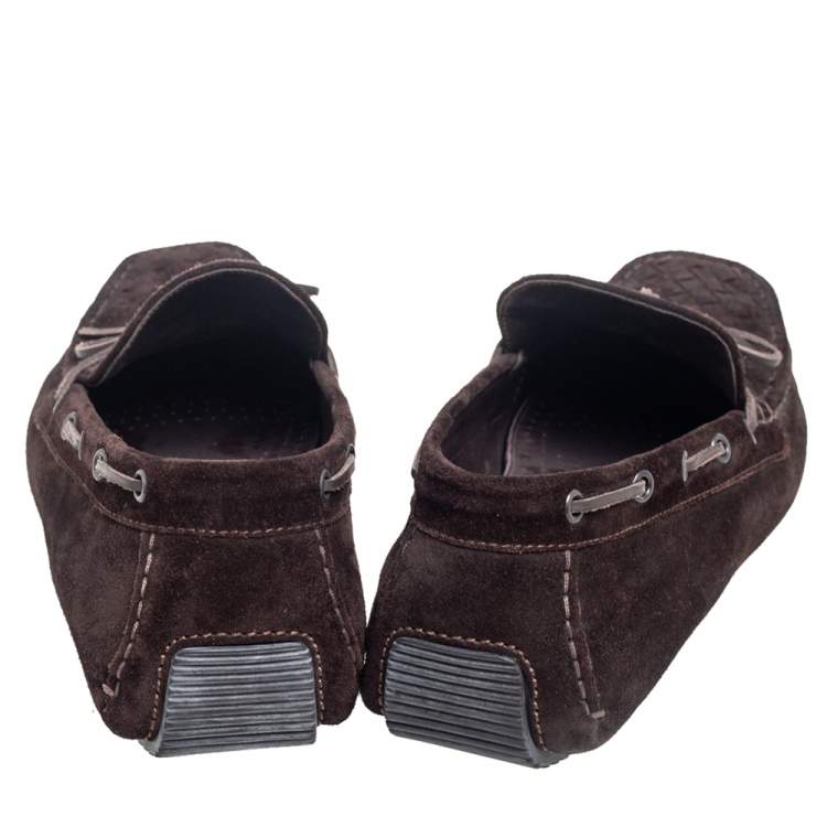 Pre Owned Bottega Veneta Dark Brown Intrecciato Leather Bow Slip On Loafers Size 43
