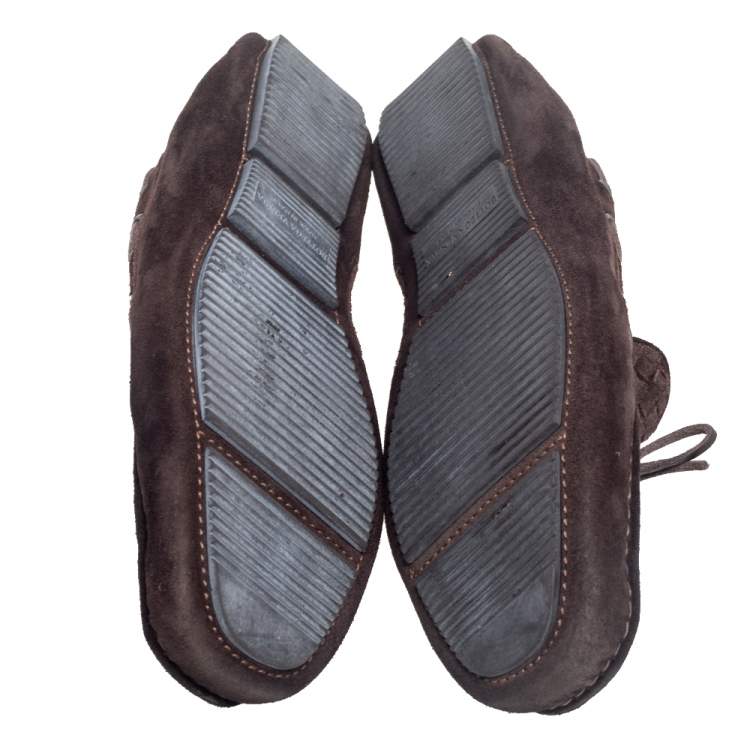 Pre Owned Bottega Veneta Dark Brown Intrecciato Leather Bow Slip On Loafers Size 43