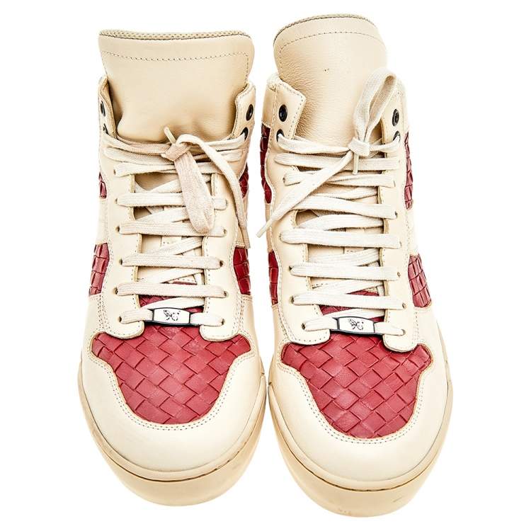Pre Owned Bottega Veneta Cream/Maroon Intrecciato Leather High Top Lace Up Sneaker Size 42