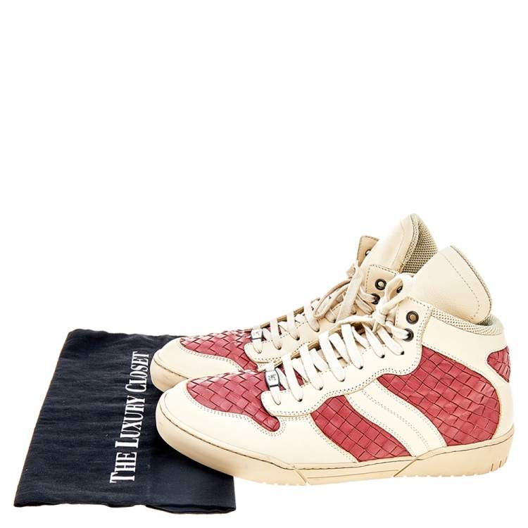 Pre Owned Bottega Veneta Cream/Maroon Intrecciato Leather High Top Lace Up Sneaker Size 42