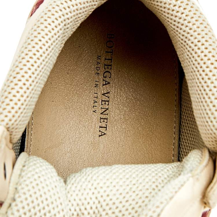Pre Owned Bottega Veneta Cream/Maroon Intrecciato Leather High Top Lace Up Sneaker Size 42