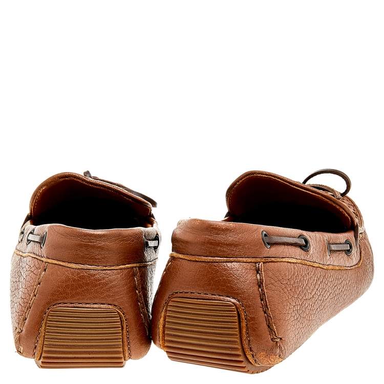 Pre Owned Bottega Veneta Tan Intrecciato Leather Cervo Wave Driver Bow Slip On Loafers Size 42
