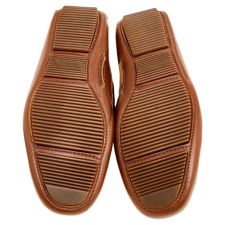 Pre Owned Bottega Veneta Tan Intrecciato Leather Cervo Wave Driver Bow Slip On Loafers Size 42