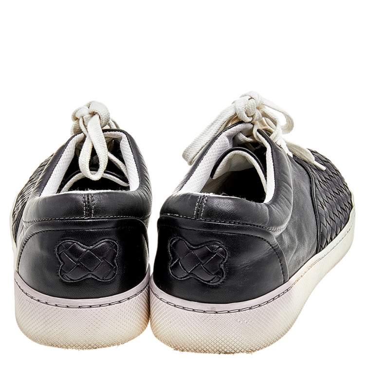 Pre Owned Bottega Veneta Dark Blue/Black Intrecciato Leather Low Top Sneakers Size 42