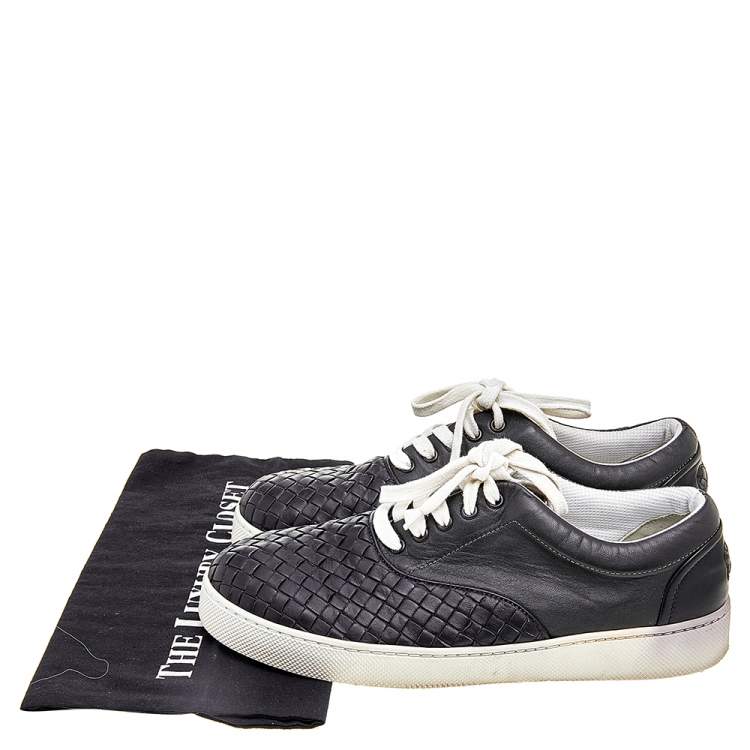 Pre Owned Bottega Veneta Dark Blue/Black Intrecciato Leather Low Top Sneakers Size 42