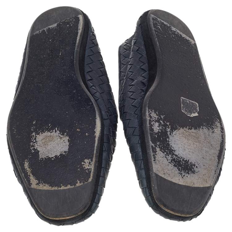 Pre Owned Bottega Veneta Navy-Blue Intrecciato Leather Smoking Slippers Size 40