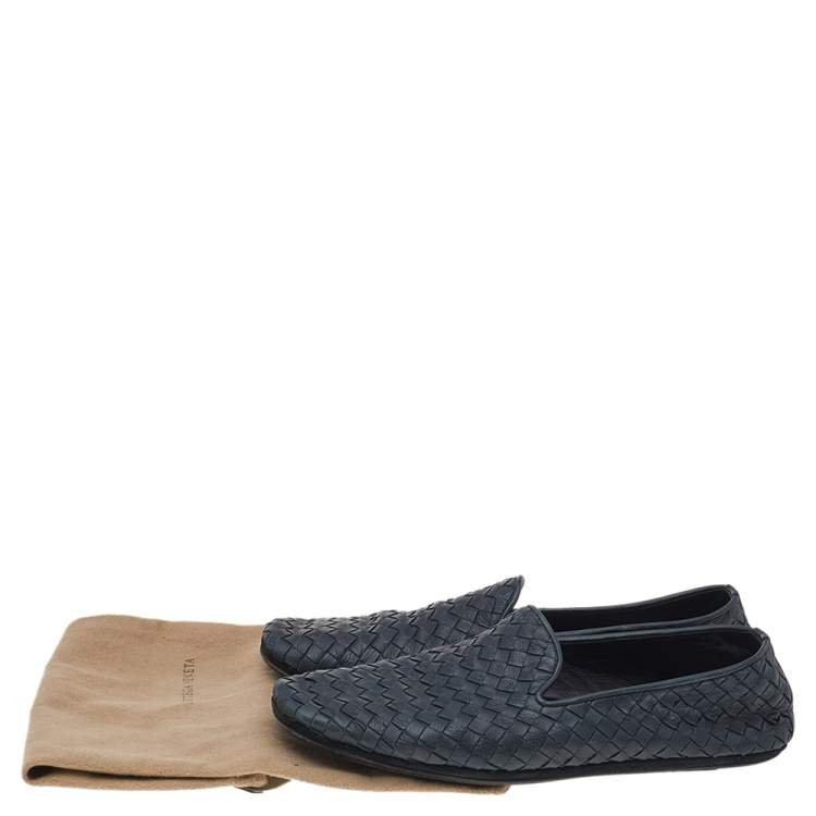 Pre Owned Bottega Veneta Navy-Blue Intrecciato Leather Smoking Slippers Size 40