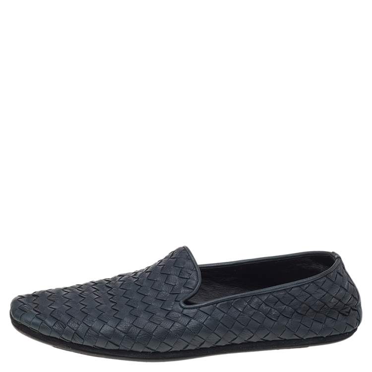 Pre Owned Bottega Veneta Navy-Blue Intrecciato Leather Smoking Slippers Size 40