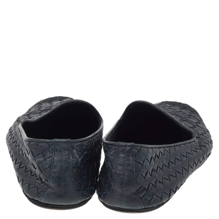 Pre Owned Bottega Veneta Navy-Blue Intrecciato Leather Smoking Slippers Size 40