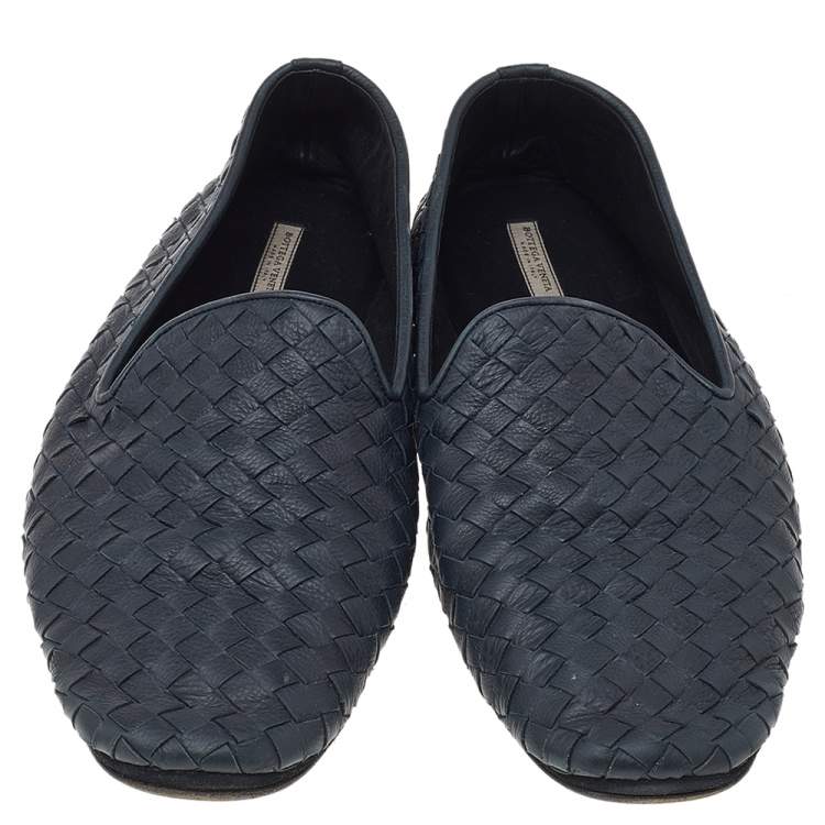 Pre Owned Bottega Veneta Navy-Blue Intrecciato Leather Smoking Slippers Size 40