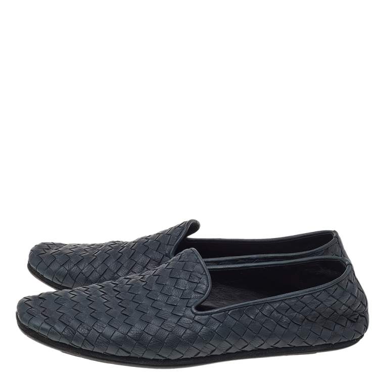 Pre Owned Bottega Veneta Navy-Blue Intrecciato Leather Smoking Slippers Size 40