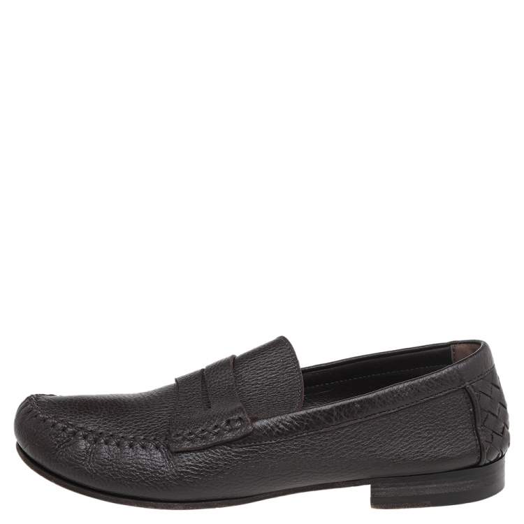 Pre Owned Bottega Veneta Dark Brown Leather Penny Slip On Loafers Size 45