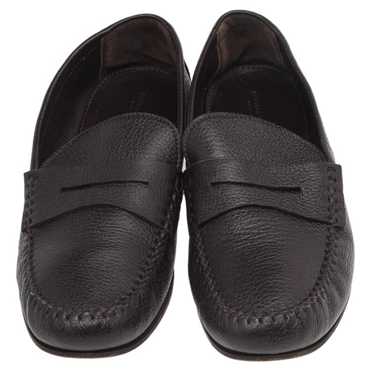 Pre Owned Bottega Veneta Dark Brown Leather Penny Slip On Loafers Size 45