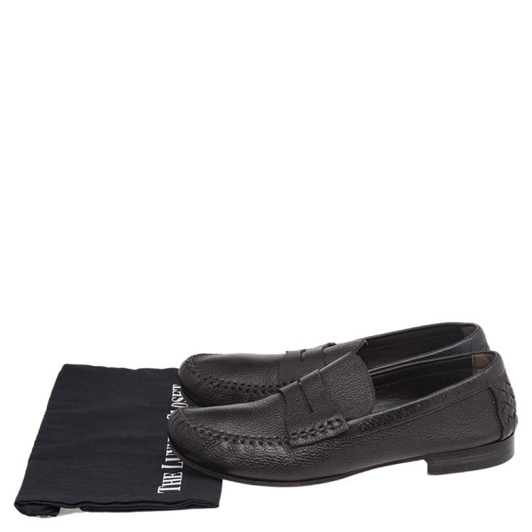 Pre Owned Bottega Veneta Dark Brown Leather Penny Slip On Loafers Size 45