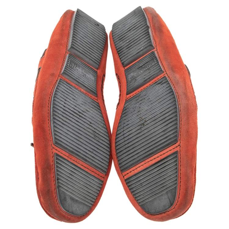 Pre Owned Bottega Veneta Orange Intrecciato Suede Bow Slip On Loafers Size 40.5