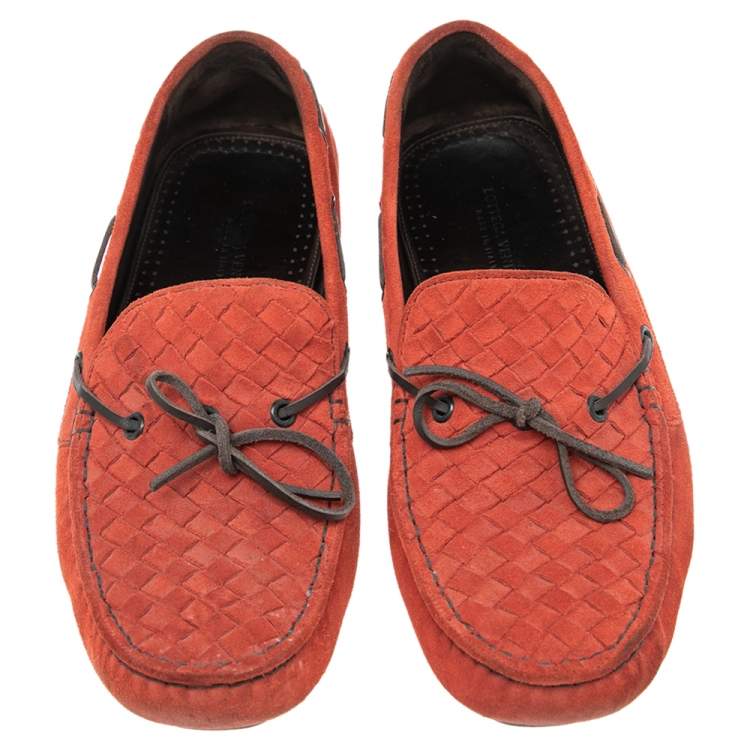 Pre Owned Bottega Veneta Orange Intrecciato Suede Bow Slip On Loafers Size 40.5