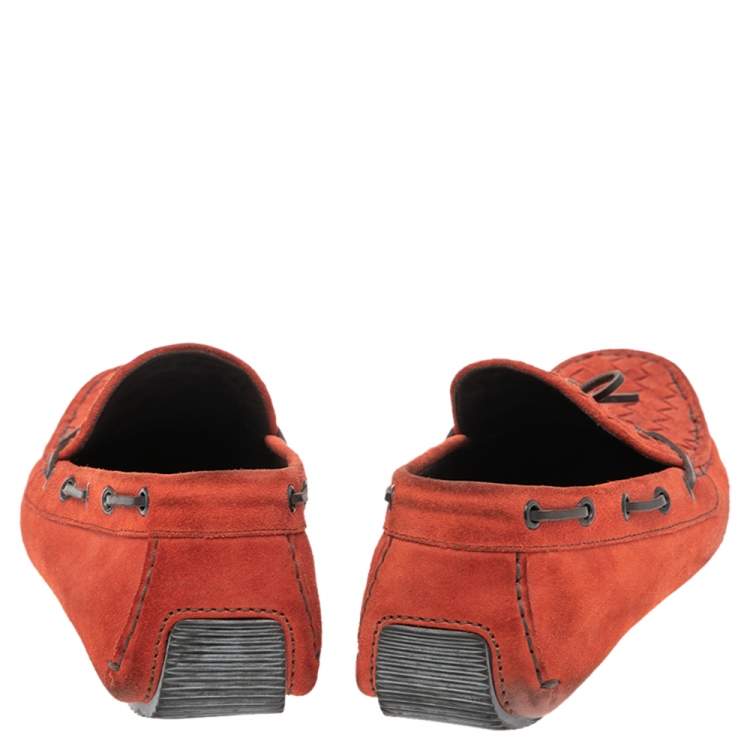 Pre Owned Bottega Veneta Orange Intrecciato Suede Bow Slip On Loafers Size 40.5