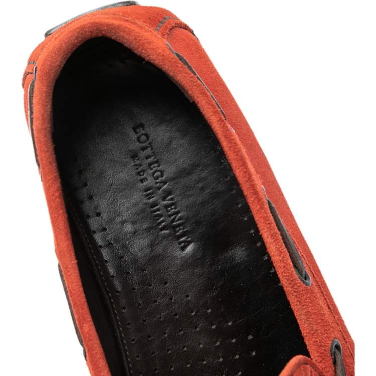 Pre Owned Bottega Veneta Orange Intrecciato Suede Bow Slip On Loafers Size 40.5