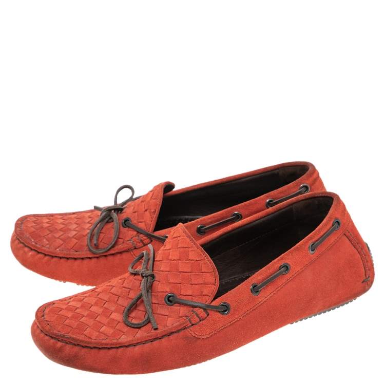 Pre Owned Bottega Veneta Orange Intrecciato Suede Bow Slip On Loafers Size 40.5