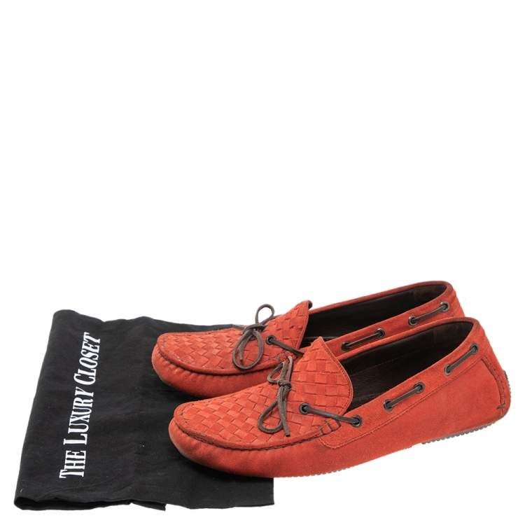 Pre Owned Bottega Veneta Orange Intrecciato Suede Bow Slip On Loafers Size 40.5