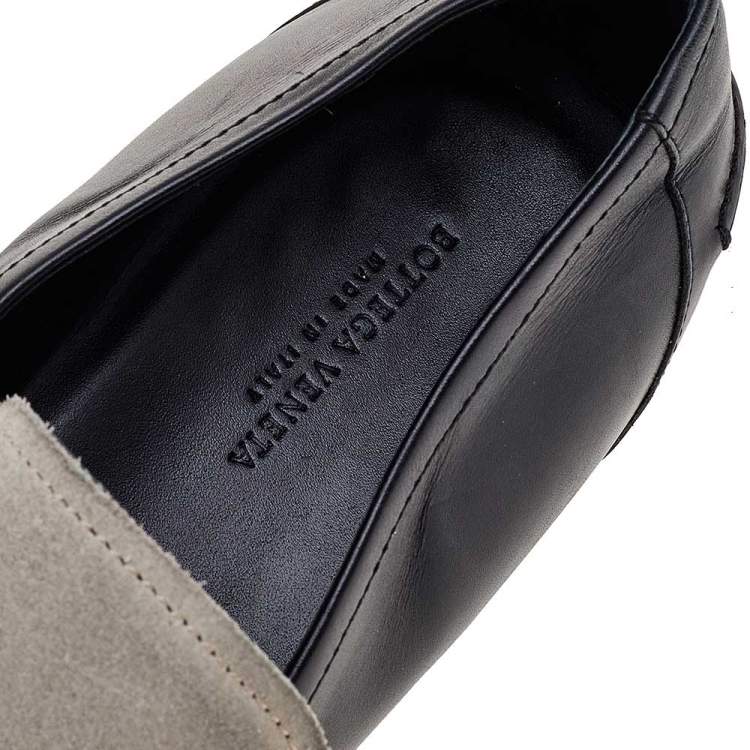 Pre Owned Bottega Veneta Black/Cream Suede And Leather Slip on Loafers Size 45