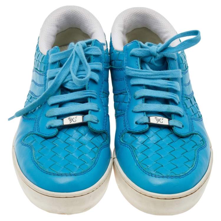 Pre Owned Bottega Veneta Blue Intrecciato Leather Speedster Sneakers Size 39.5