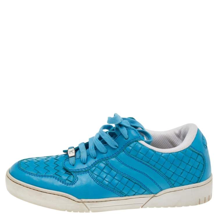 Pre Owned Bottega Veneta Blue Intrecciato Leather Speedster Sneakers Size 39.5