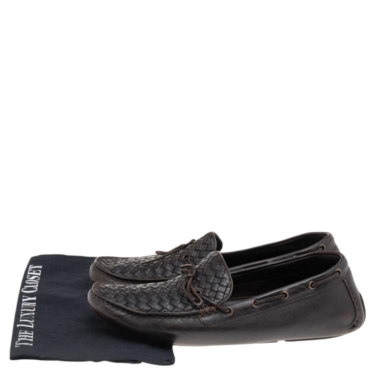 Pre Owned Bottega Veneta Dark Brown Intrecciato Leather Bow Slip On Loafers Size 45