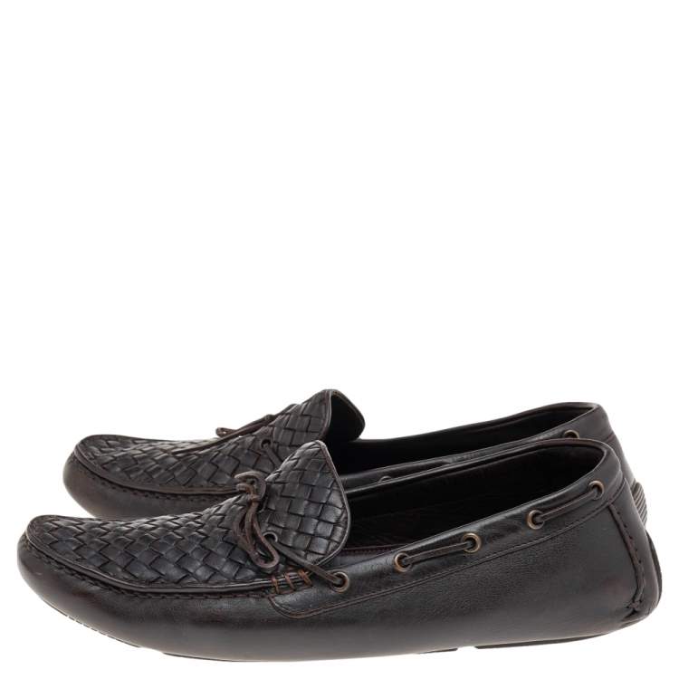 Pre Owned Bottega Veneta Dark Brown Intrecciato Leather Bow Slip On Loafers Size 45