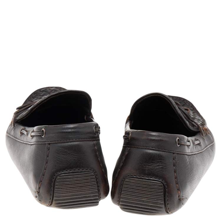 Pre Owned Bottega Veneta Dark Brown Intrecciato Leather Bow Slip On Loafers Size 45