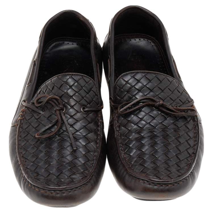 Pre Owned Bottega Veneta Dark Brown Intrecciato Leather Bow Slip On Loafers Size 45