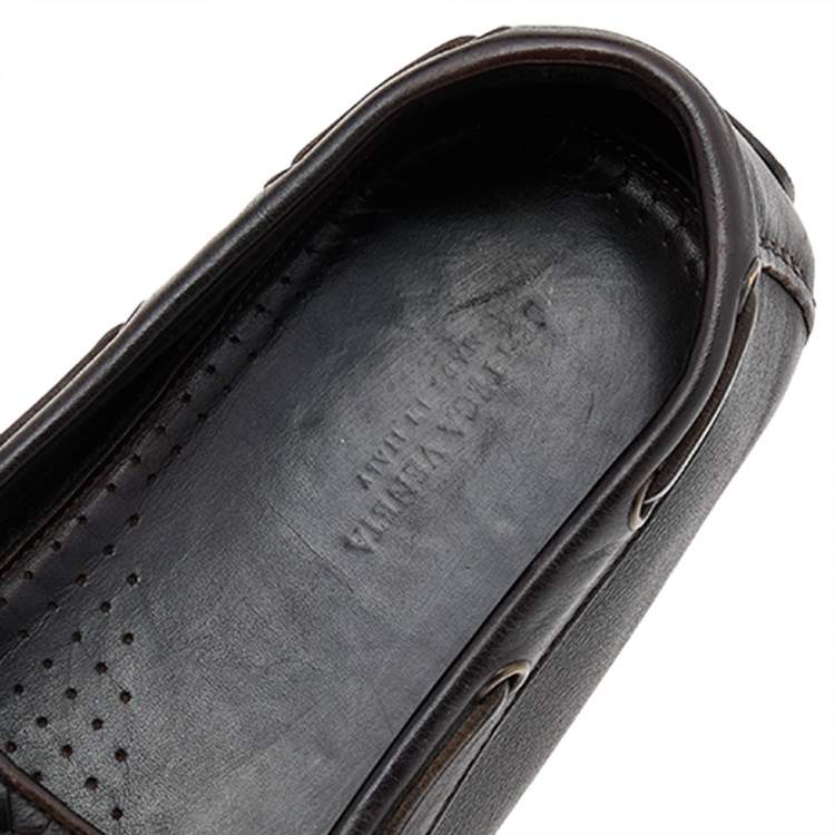 Pre Owned Bottega Veneta Dark Brown Intrecciato Leather Bow Slip On Loafers Size 45