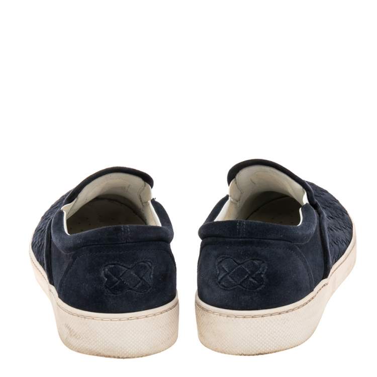 Pre Owned Bottega Veneta Navy Blue Intrecciato Suede Slip On Sneakers Size 42