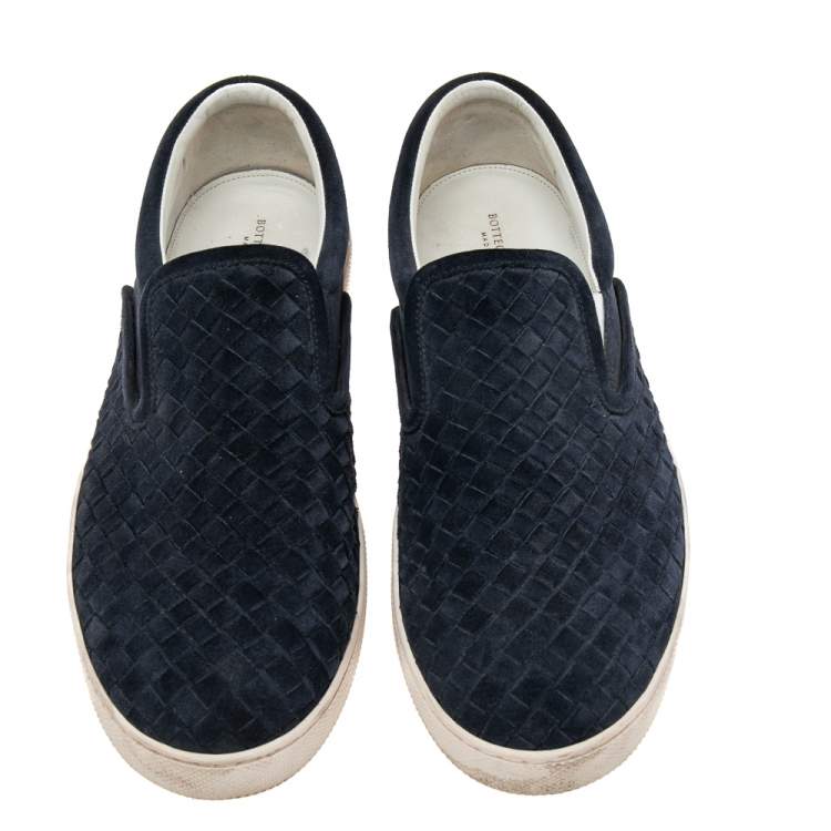 Pre Owned Bottega Veneta Navy Blue Intrecciato Suede Slip On Sneakers Size 42