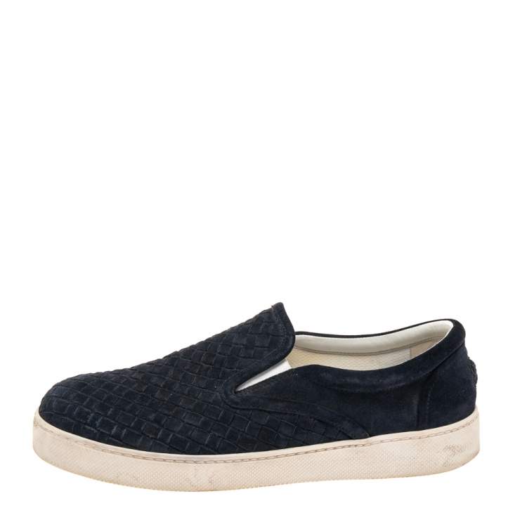 Pre Owned Bottega Veneta Navy Blue Intrecciato Suede Slip On Sneakers Size 42