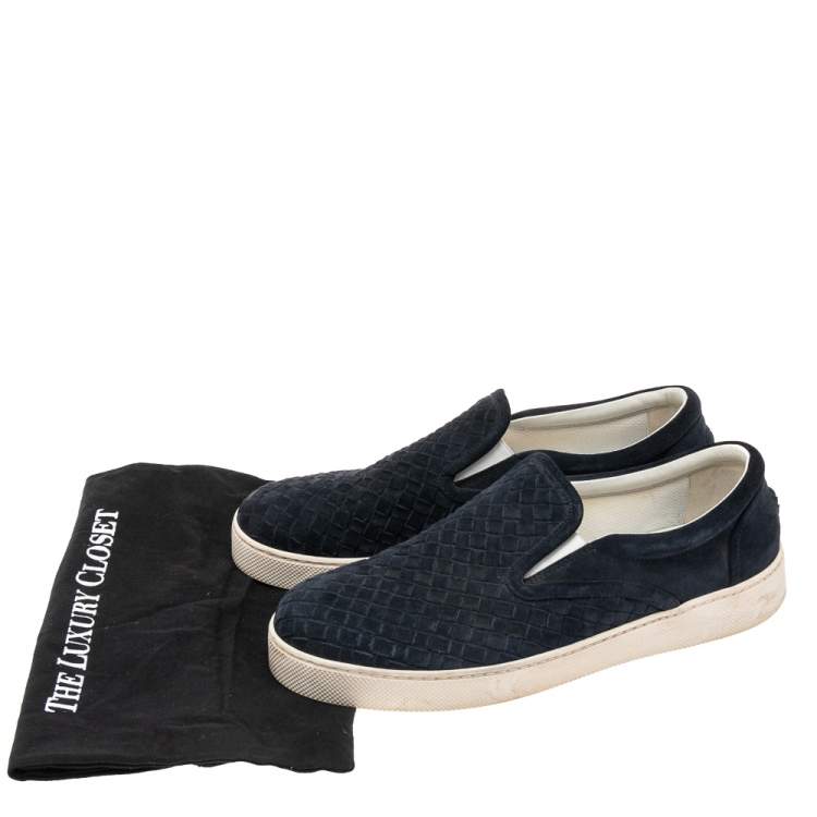 Pre Owned Bottega Veneta Navy Blue Intrecciato Suede Slip On Sneakers Size 42