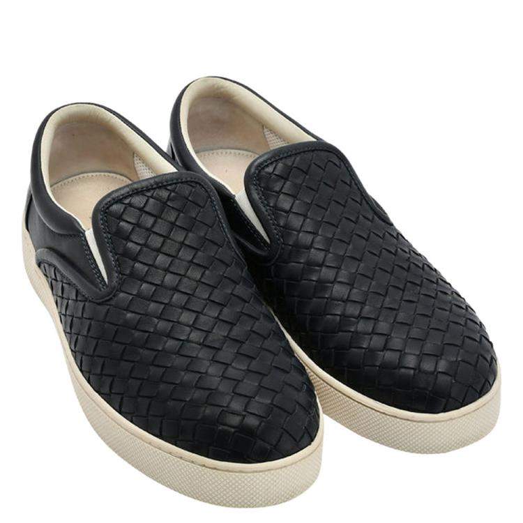 Pre Owned Bottega Veneta Black Intrecciato Leather Slip On Sneakers EU 42