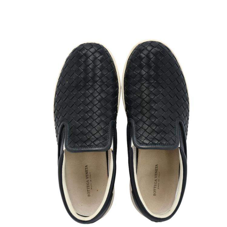 Pre Owned Bottega Veneta Black Intrecciato Leather Slip On Sneakers EU 42