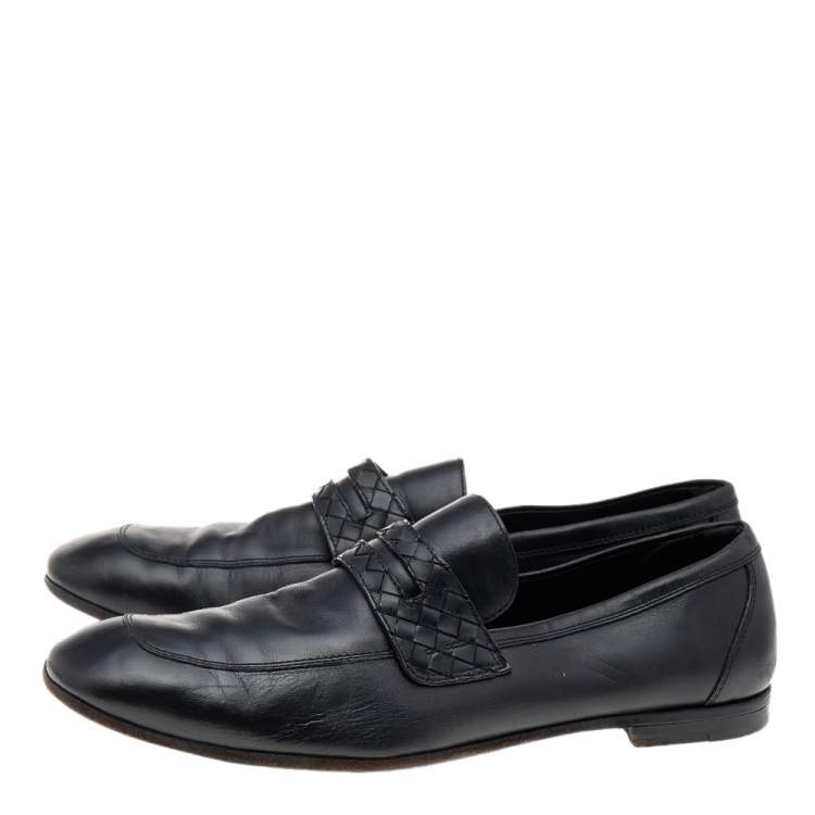 Pre Owned Bottega Veneta Black Leather Intrecciato Slip On Loafers Size 46