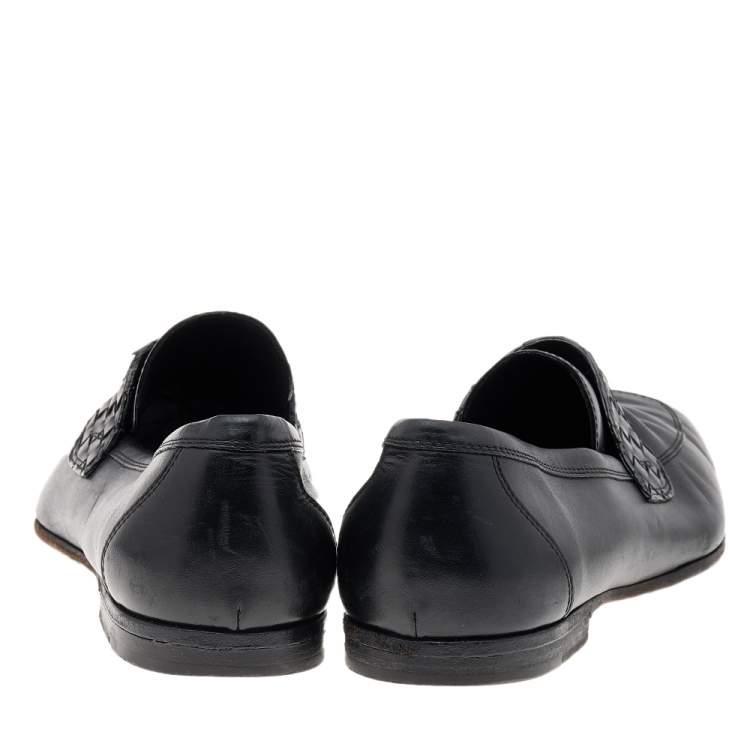 Pre Owned Bottega Veneta Black Leather Intrecciato Slip On Loafers Size 46