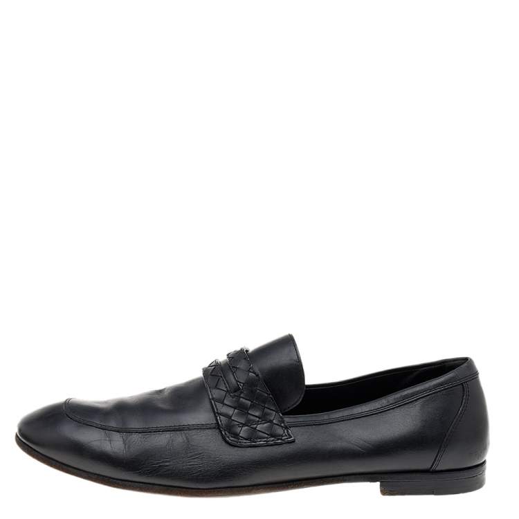 Pre Owned Bottega Veneta Black Leather Intrecciato Slip On Loafers Size 46