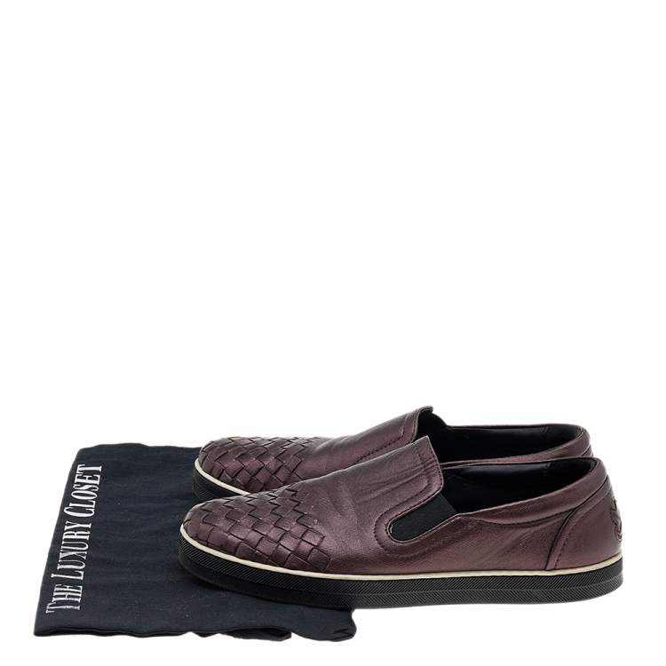 Pre Owned Bottega Veneta Metallic Brown Intrecciato Leather Slip On Sneakers Size 36