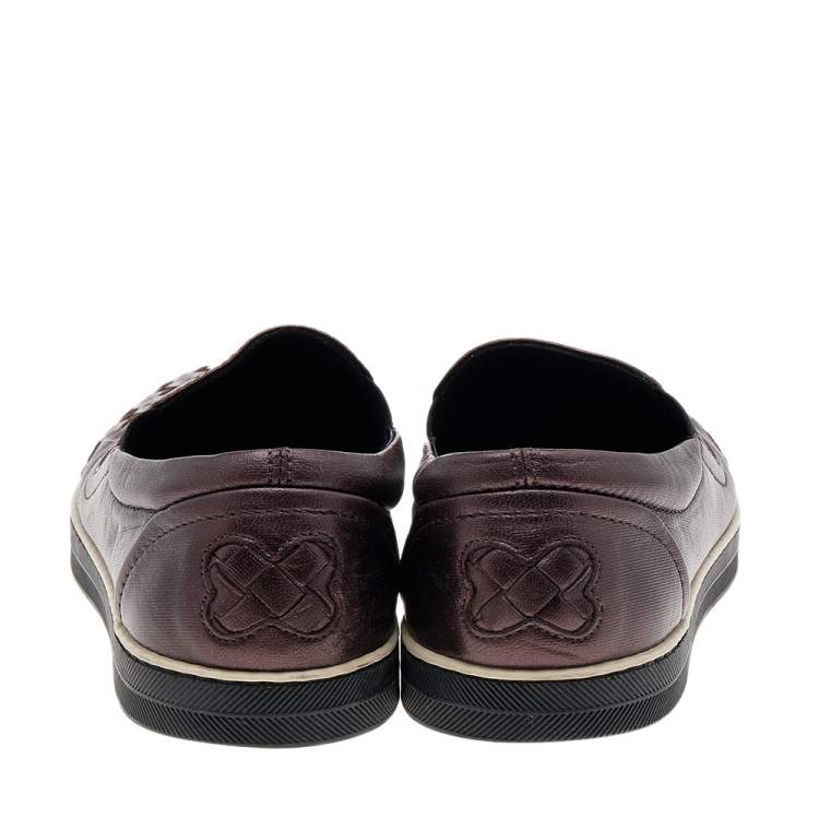 Pre Owned Bottega Veneta Metallic Brown Intrecciato Leather Slip On Sneakers Size 36