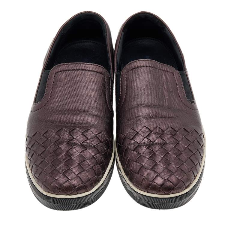 Pre Owned Bottega Veneta Metallic Brown Intrecciato Leather Slip On Sneakers Size 36