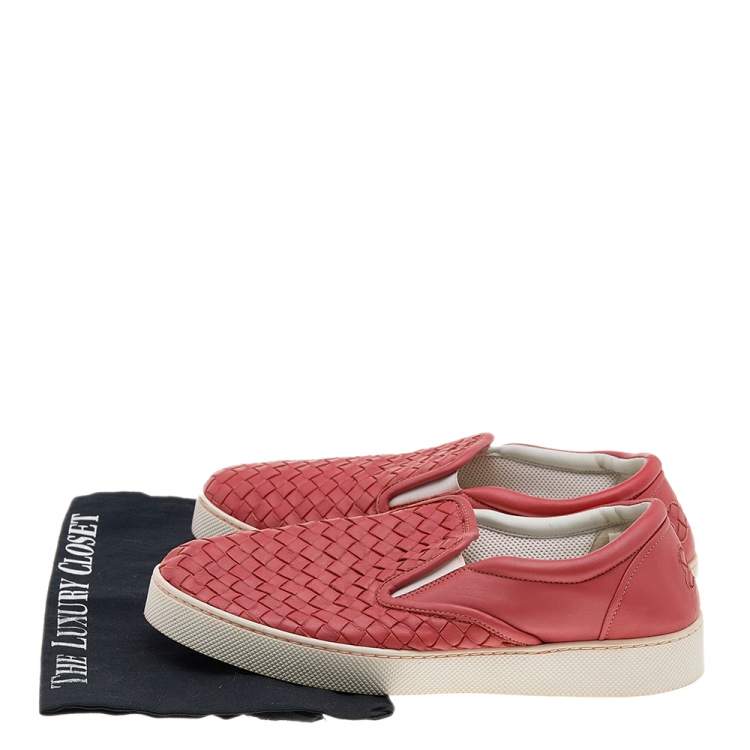 Pre Owned Bottega Veneta Red Intrecciato Leather Slip On Sneakers Size 41