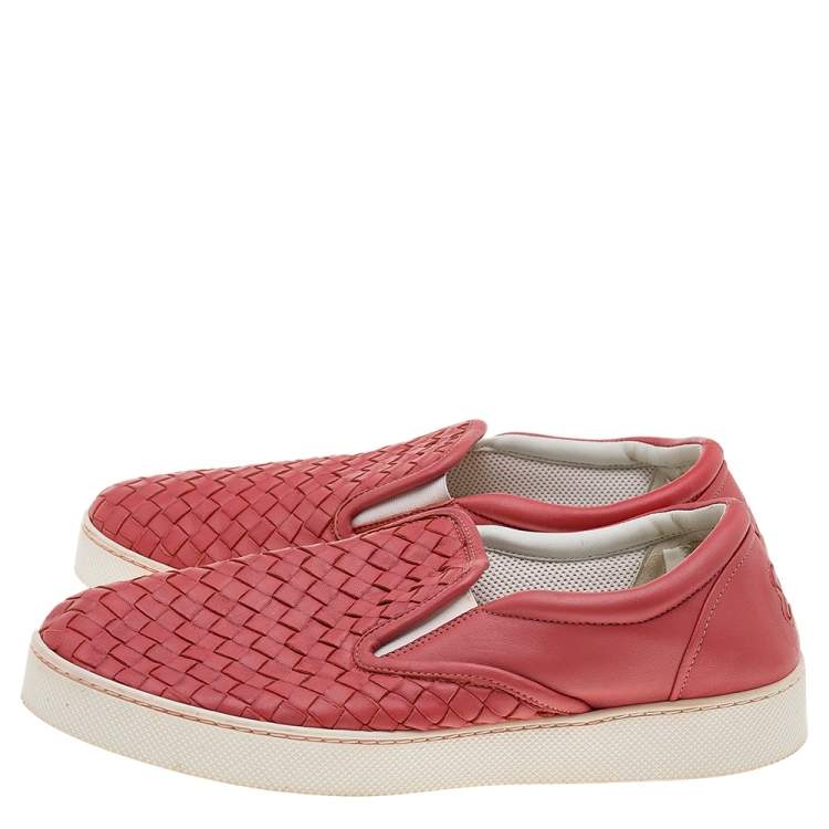 Pre Owned Bottega Veneta Red Intrecciato Leather Slip On Sneakers Size 41